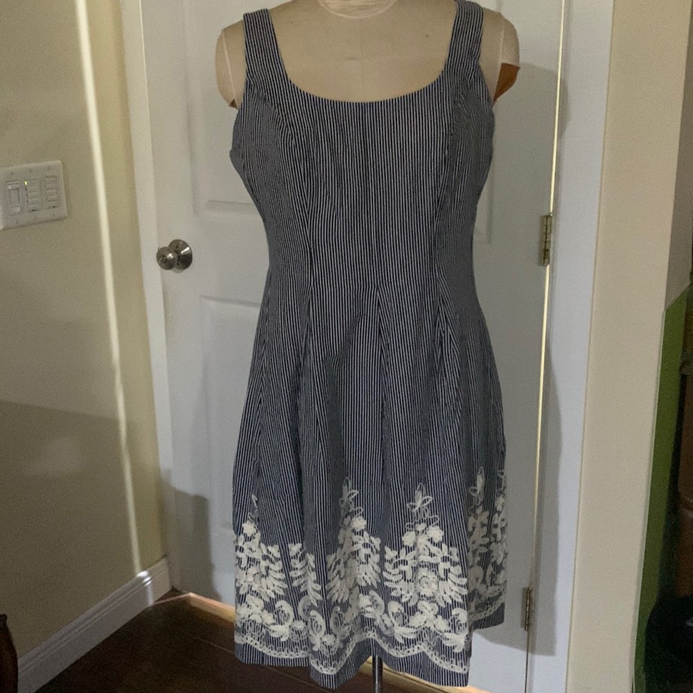 Nine West Navy and White Striped Floral Hem Fit-and-Flare Dress